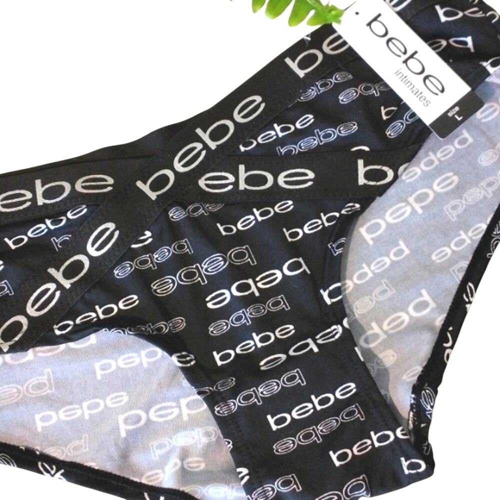 NWT bebe Luxury Intimates Panty Size L Black Monogram Criss‎ Cross Hi Cut